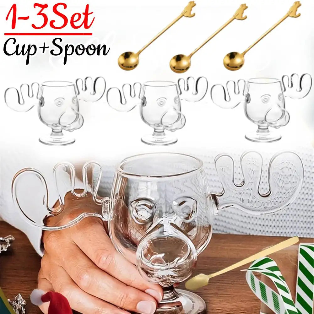 1-3Set 240ML Christmas Elk Glass Cup Cute Reindeer Clear Glass Mug Hot Cold Drink Cup Creative Moose Holiday Drinkware Decor