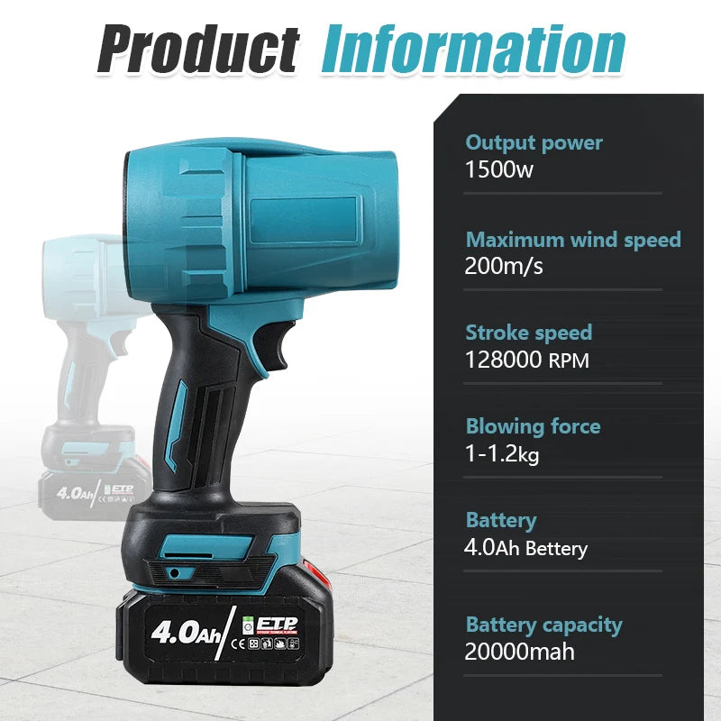 BABEQ 1500W Electric Jet Fan Turbo Air Blowers 200M/S Violent Car Dryer Handheld Dust Leaf Blowing Tool for Makita 18V Battery