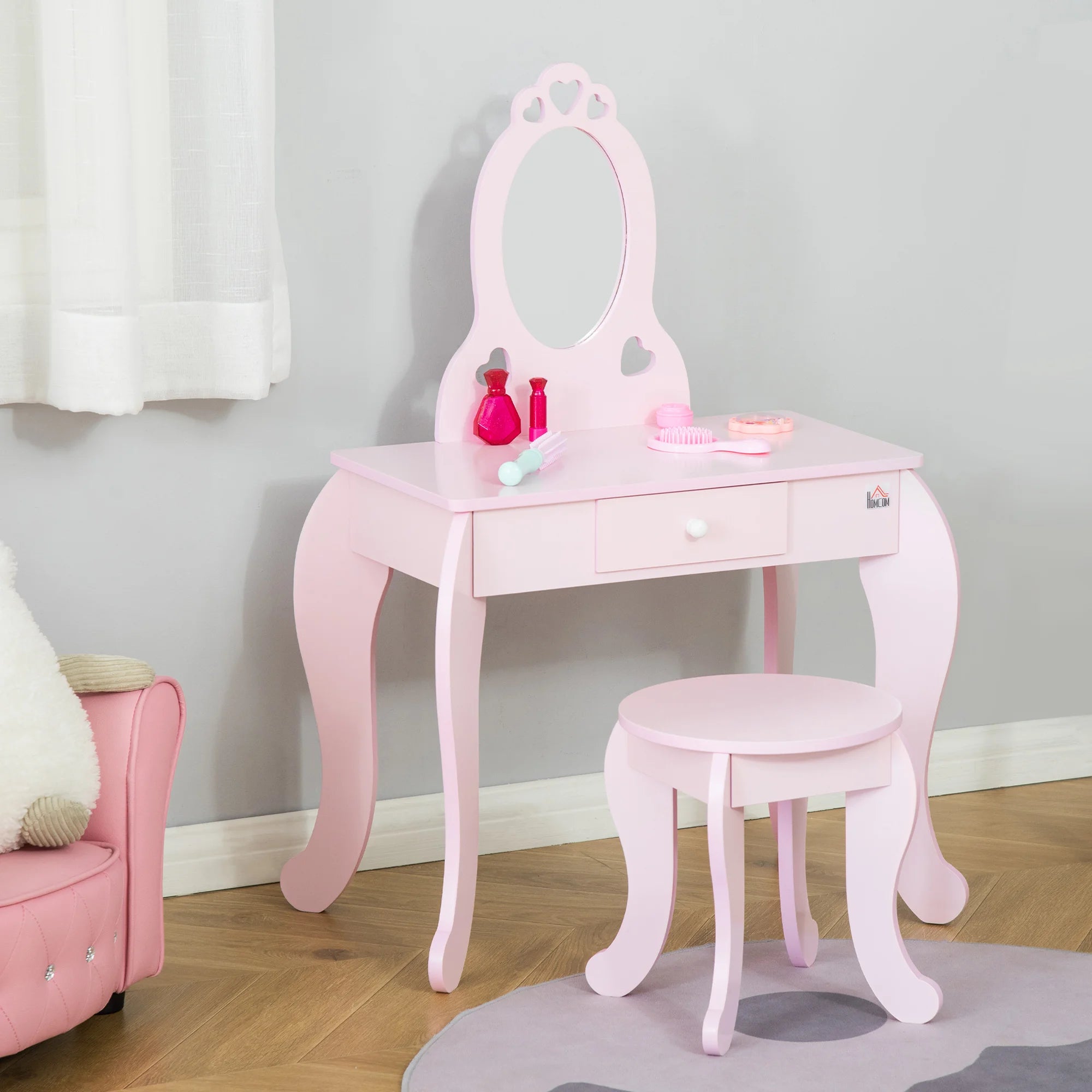HOMCOM children's wooden dressing table for girls 3-6 years old mirror Stool 60x36x88cm