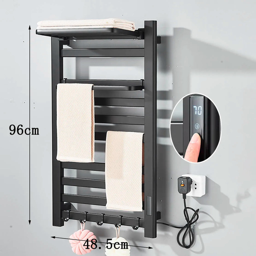 Black Bathroom Electric Heated Towel Rack with Digital Display Touch Thermostatic Dry Towel 304 Stainless Steel Heater