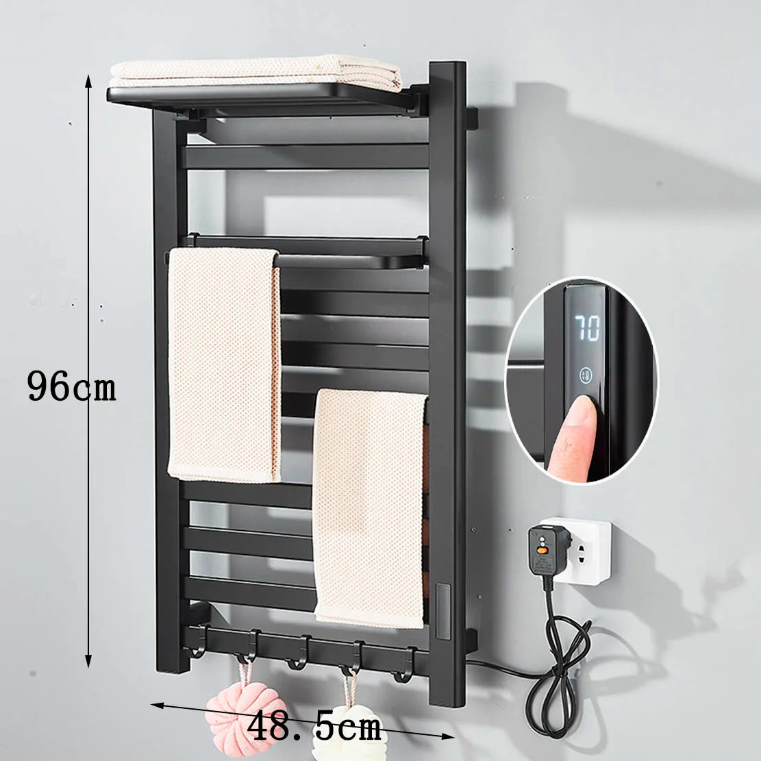 Black Bathroom Electric Heated Towel Rack with Digital Display Touch Thermostatic Dry Towel 304 Stainless Steel Heater