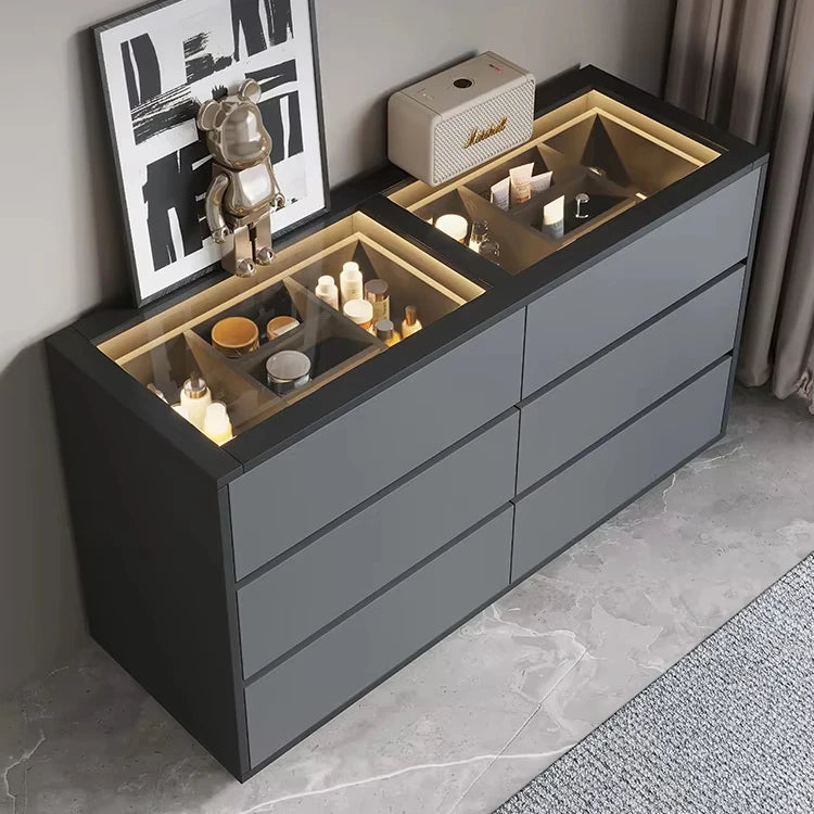 Minimalist Extendable Dresser Integrated Glass & Solid Wood Large Round Mirror 6-drawer For Makeup Table Bedroom