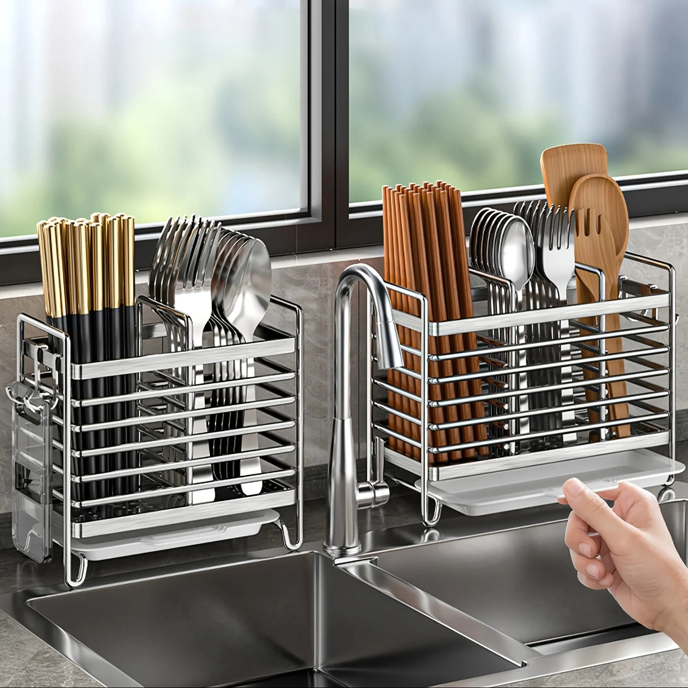 Space-saving 1pc utensil holder: wall-mounted, 2/3 grids, drip tray & 4 hooks. Kitchen must-have!