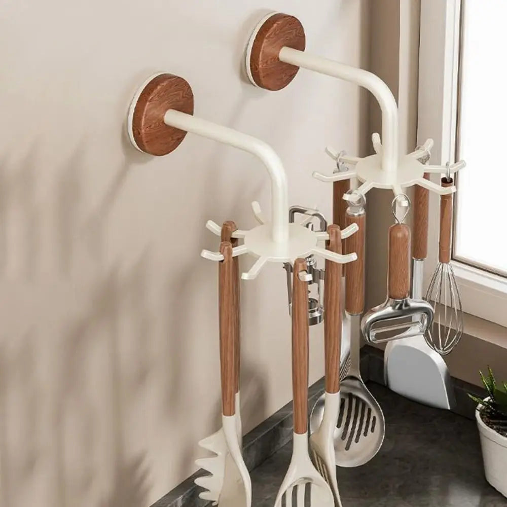 No Drill Kitchen Storage Rack Wall Mounted Anti Drop 360 Rotating Hooks Space Saving Utensil Organizer for Kitchenware