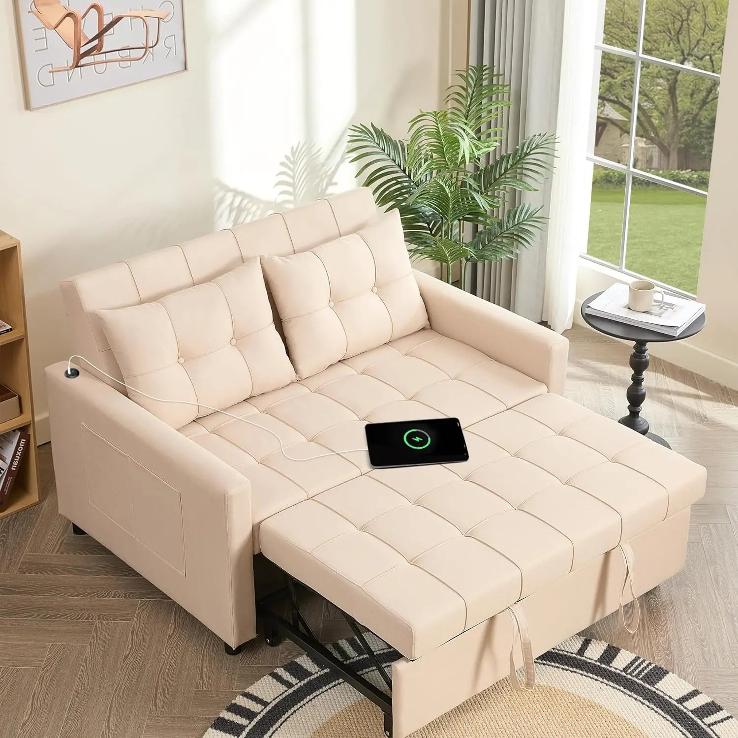 52" Sleeper Sofa with Pull-Out Bed, 3-in-1 Convertible Sofa Bed, Loveseat with Stepless Adjustable Backrest and Side Pocket