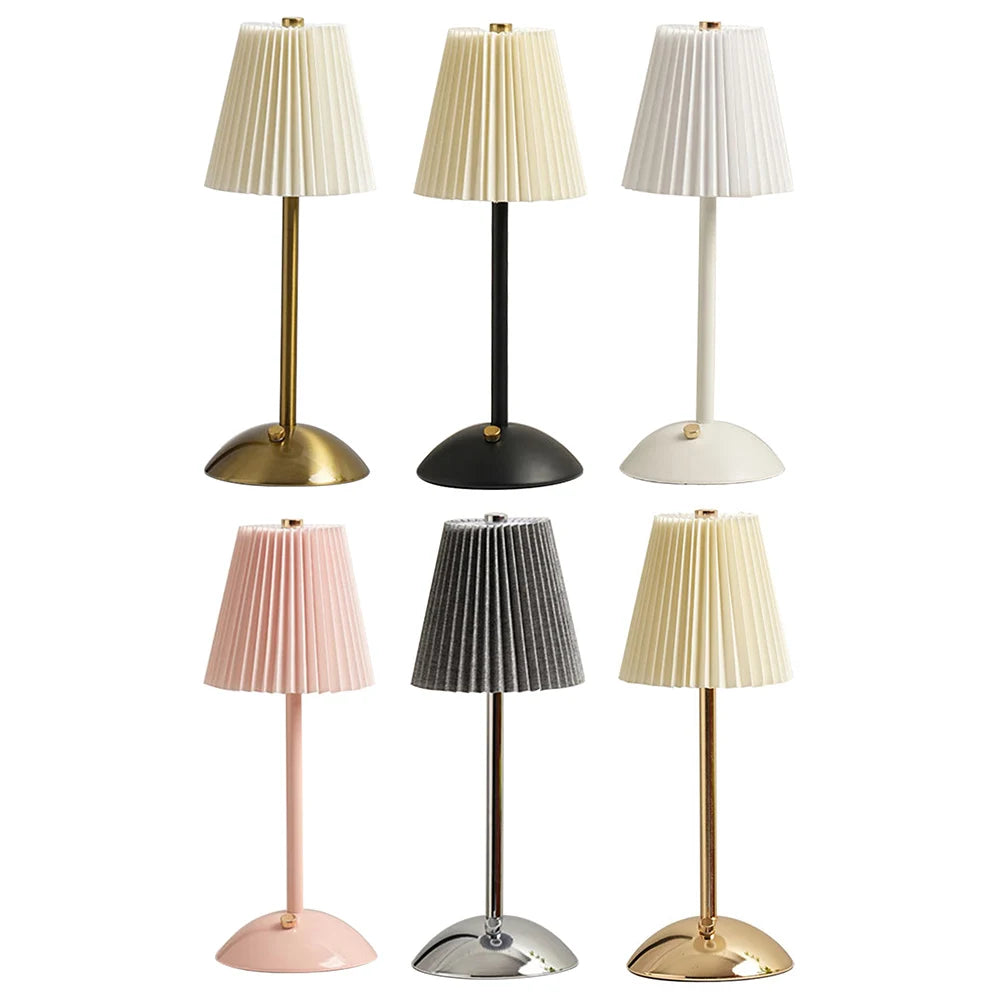 Pleated Shade Nightstand Lamp with Metal Base Nordic Creative Lamps Rechargeable 3 Colors Dimmable for Living Room Bedroom