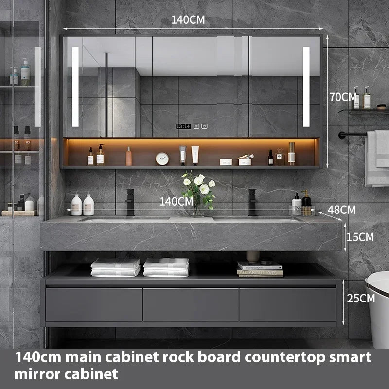 Light Luxury Panel Intelligent Bathroom Cabinet Meuble Rock Salle De Bain Wood Washbasin Double Basin Bathroom Cabinet Home
