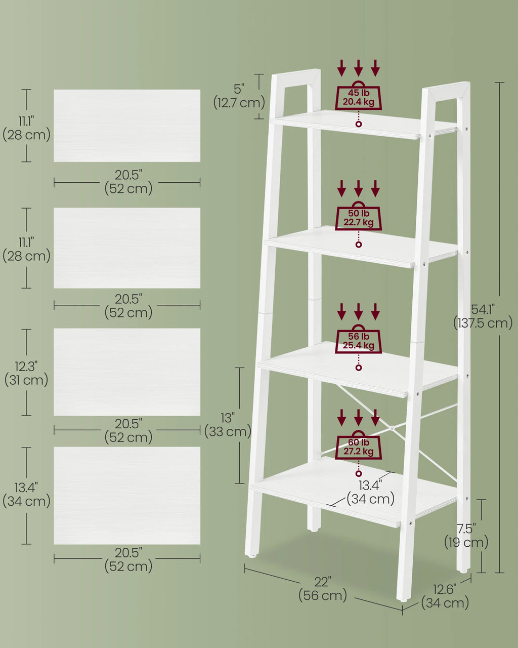 VASAGLE Ladder Shelf, 4-Tier Bookshelf, Storage Rack, Bookcase with Steel Frame, for Living Room, Home Office, Kitchen, Bedroom
