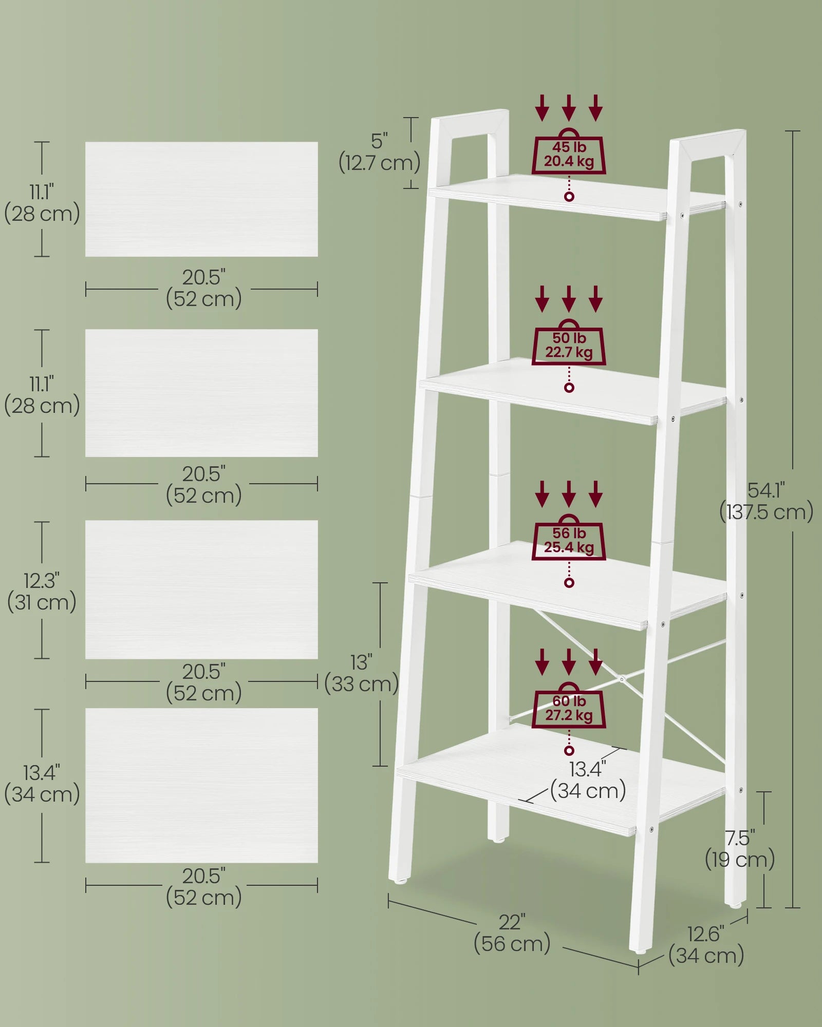 VASAGLE Ladder Shelf, 4-Tier Bookshelf, Storage Rack, Bookcase with Steel Frame, for Living Room, Home Office, Kitchen, Bedroom