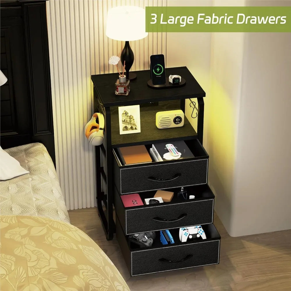 Bed Side Table with 3 Fabric Drawers,  LED Nightstand with Hooks, Bedside Table with Charging Station, End Table with Storage
