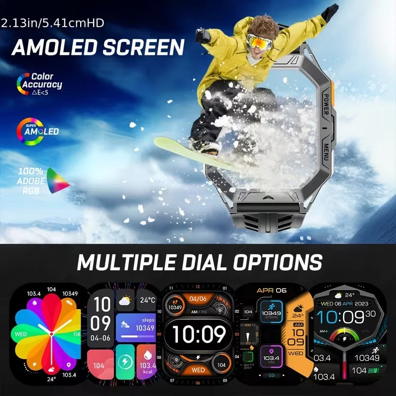Men's Rugged Smart Watch 2.13" AMOLED HD Touch Screen Heart Rate Monitor 10M Waterproof 1000mAh Compass Outdoor Sports Watch
