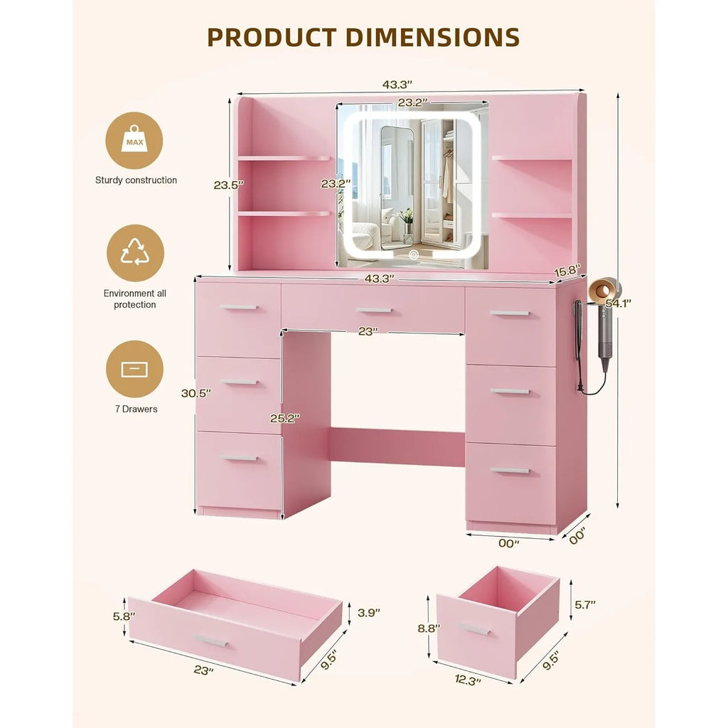 Large Makeup Vanity Desk. Pink, 43.3'Wx15.7'Dx53.2'H (Samrt LED Mirror, 4 Open Shelves, 7 Drawers, Hairdryer Rack, Power-Outet)
