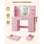 Large Makeup Vanity Desk. Pink, 43.3'Wx15.7'Dx53.2'H (Samrt LED Mirror, 4 Open Shelves, 7 Drawers, Hairdryer Rack, Power-Outet)