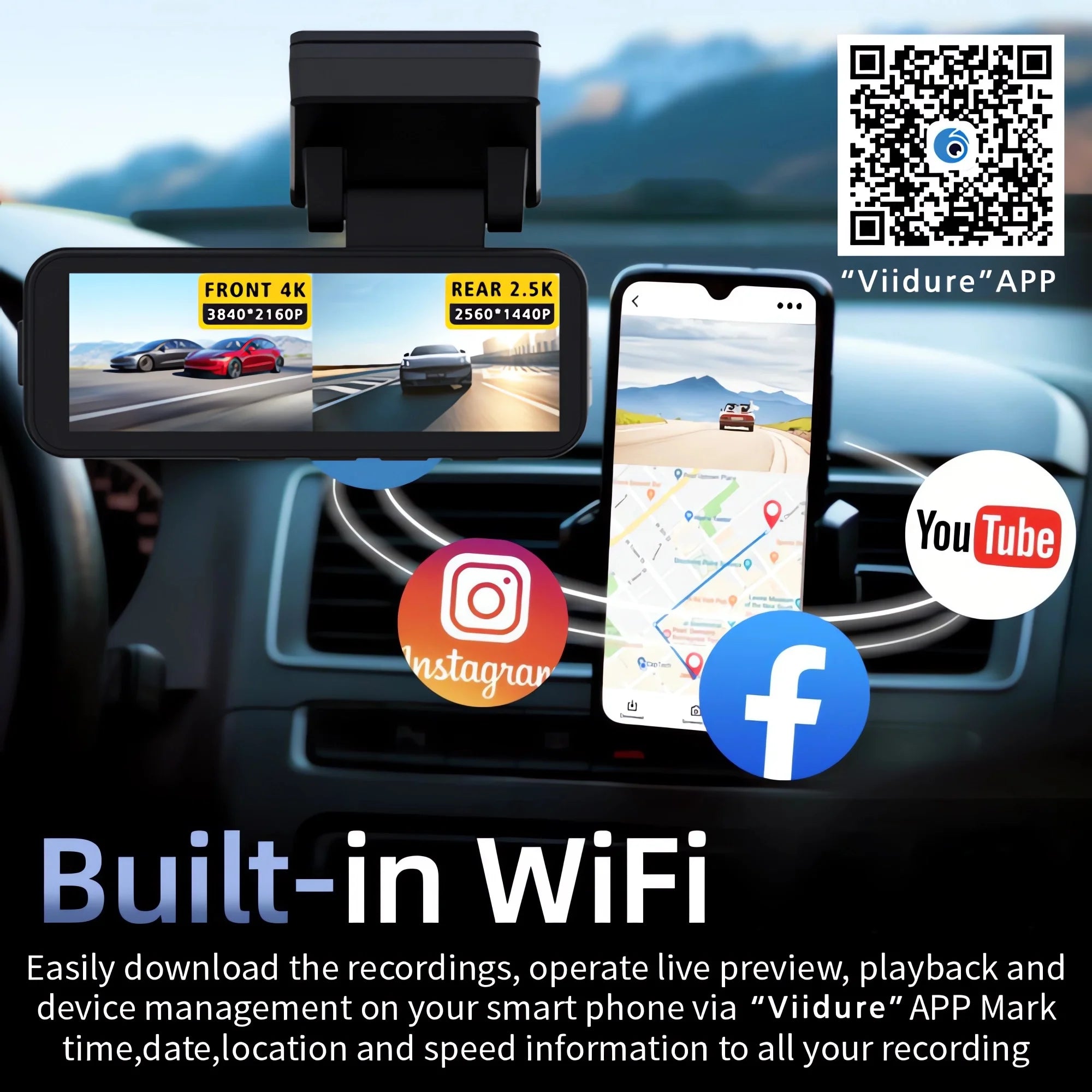 Dash Cam Dual Lens 4K UHD Recording Car Camera DVR Night Vision Video
