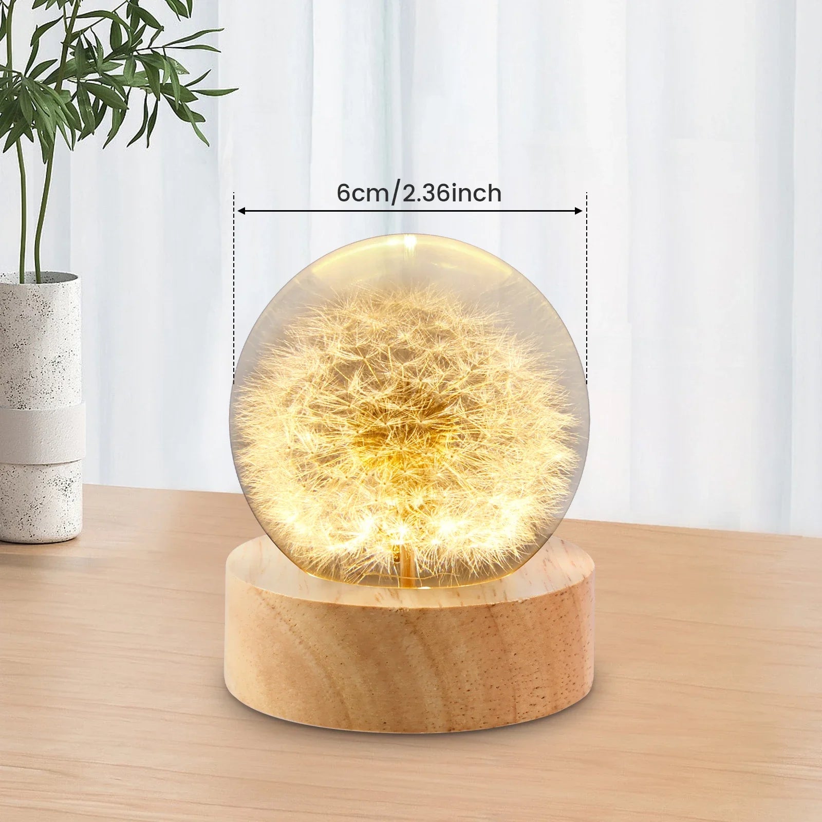 3D Dandelion Crystal Ball LED Night Light with Beech Wood Stand Preserved Flower Sphere Ball Resin Craft Home Decor Bithday Gift
