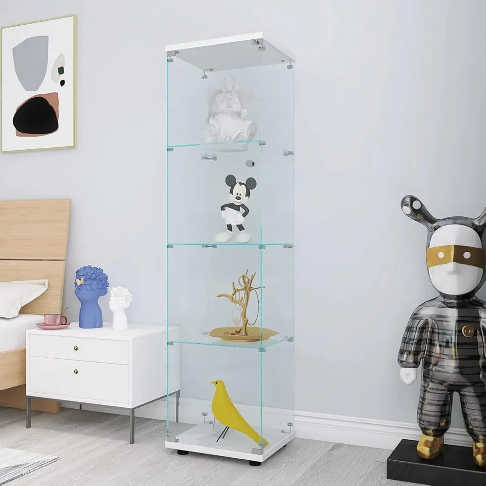 Modern 64.5'' Contemporary 4-Shelf Case Glass Display Cabinet In Clear With Door, Curio Cabinet Collection Display Case, Floor