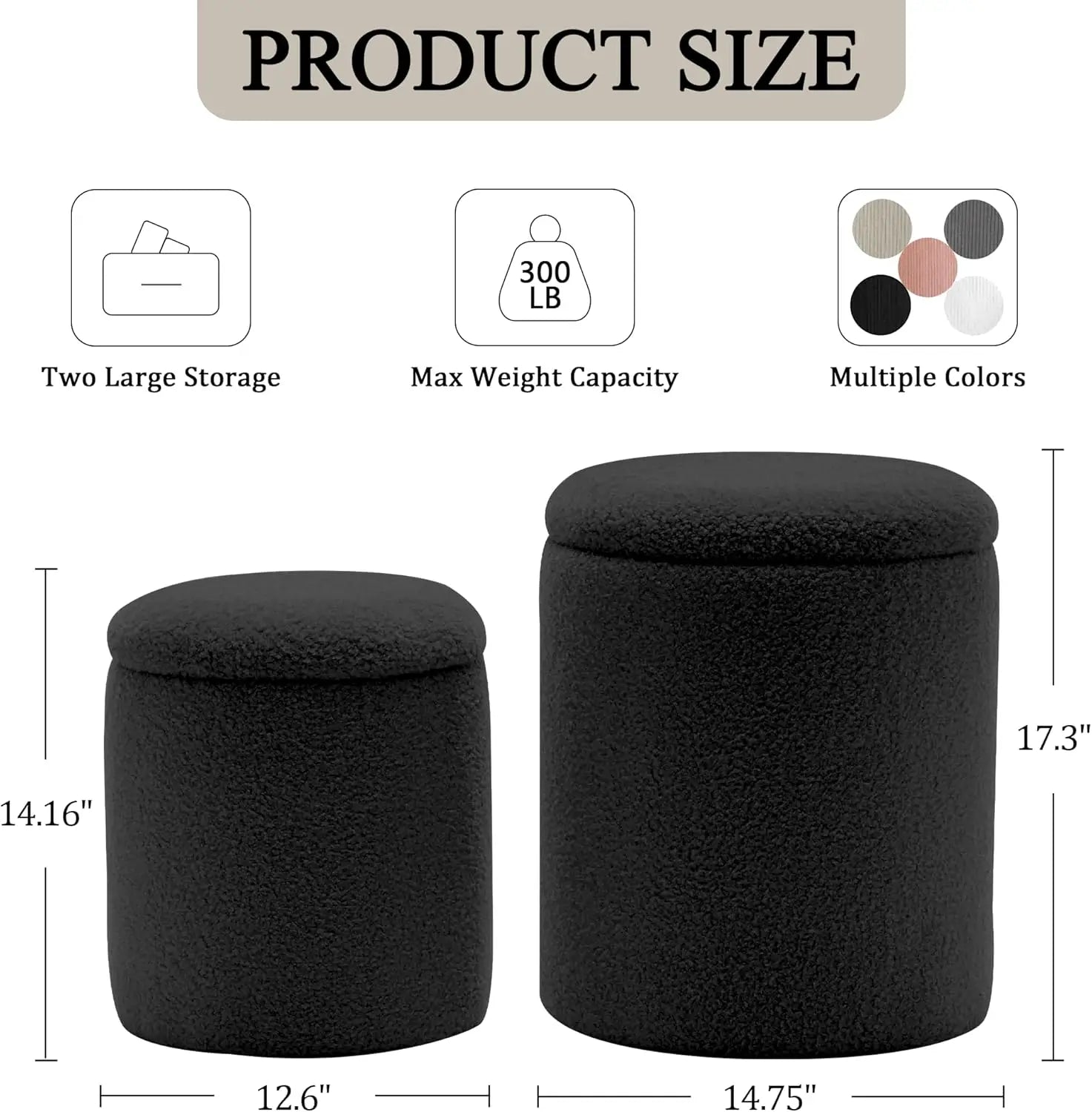 Round Ottoman With Storage Set Of 2, Small Vanity Stool With Storage As Vanity Chair, Sherpa Black Ottoman Foot Rest For Small