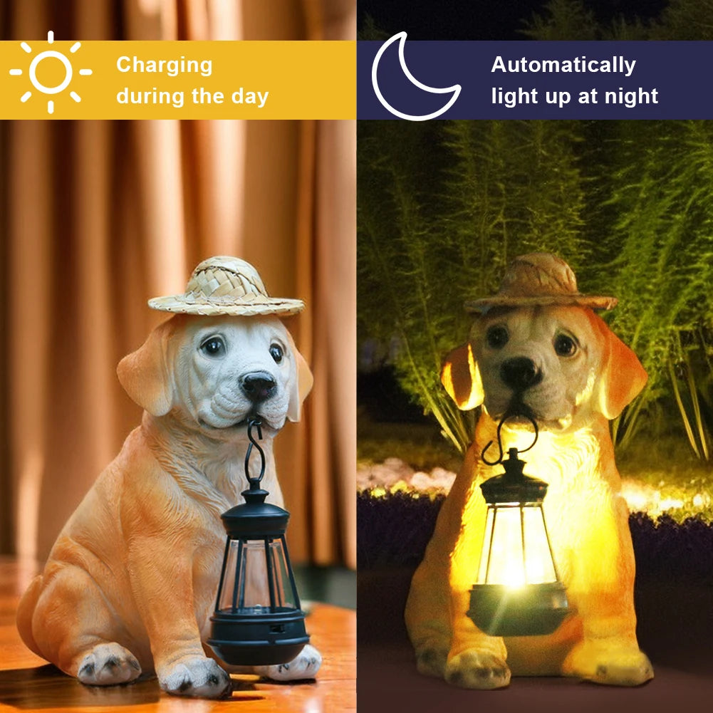 Resin Garden Dog Statues with Straw Hat and Solar LED Lantern Adorable Dog Figurines Puppy Decorations Dog Statue Outdoor Decor