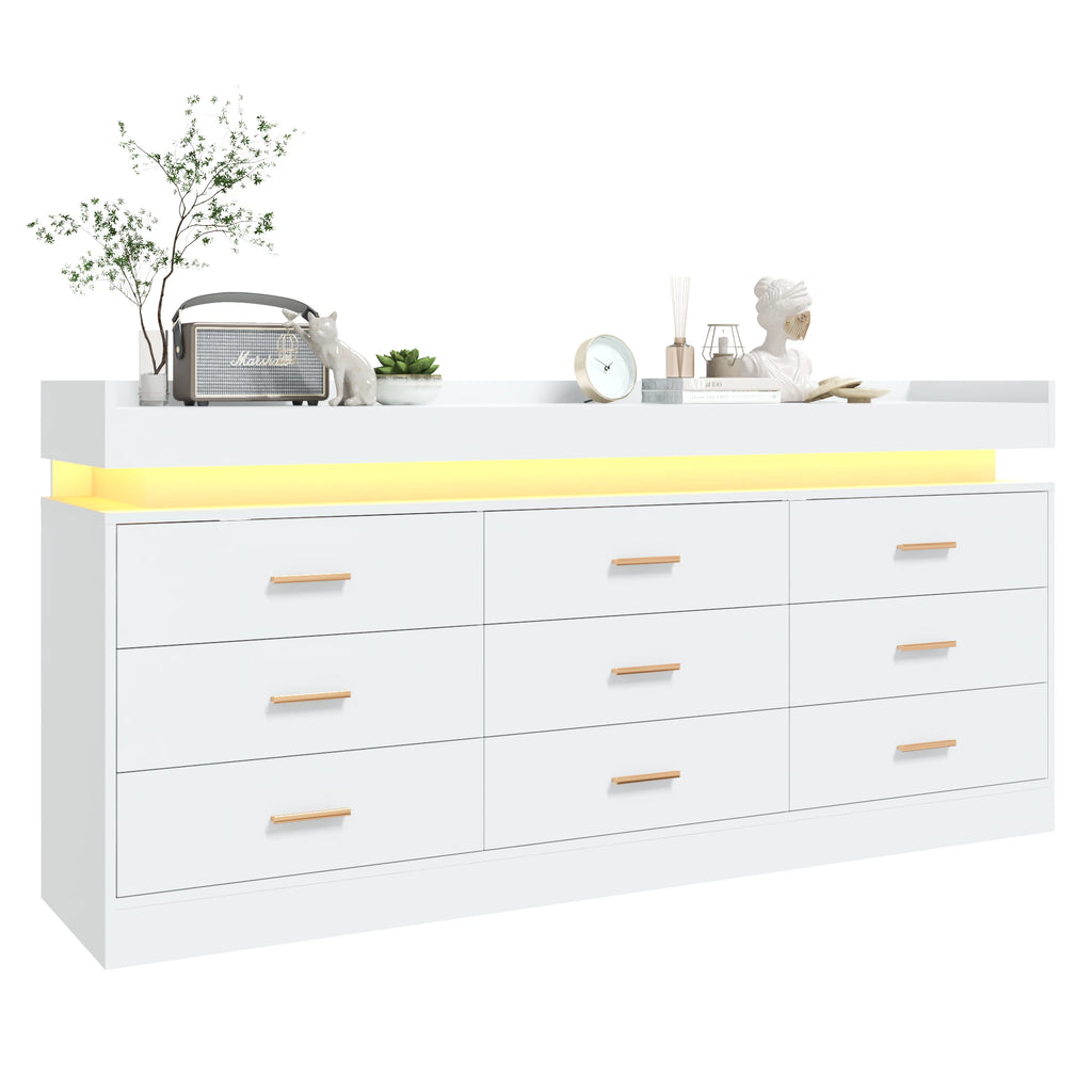 9 Drawer Dresser with LED Light & Charging Station, Modern Chest of Drawers for Closet, 63" Wide Drawer Organizer Cabinet