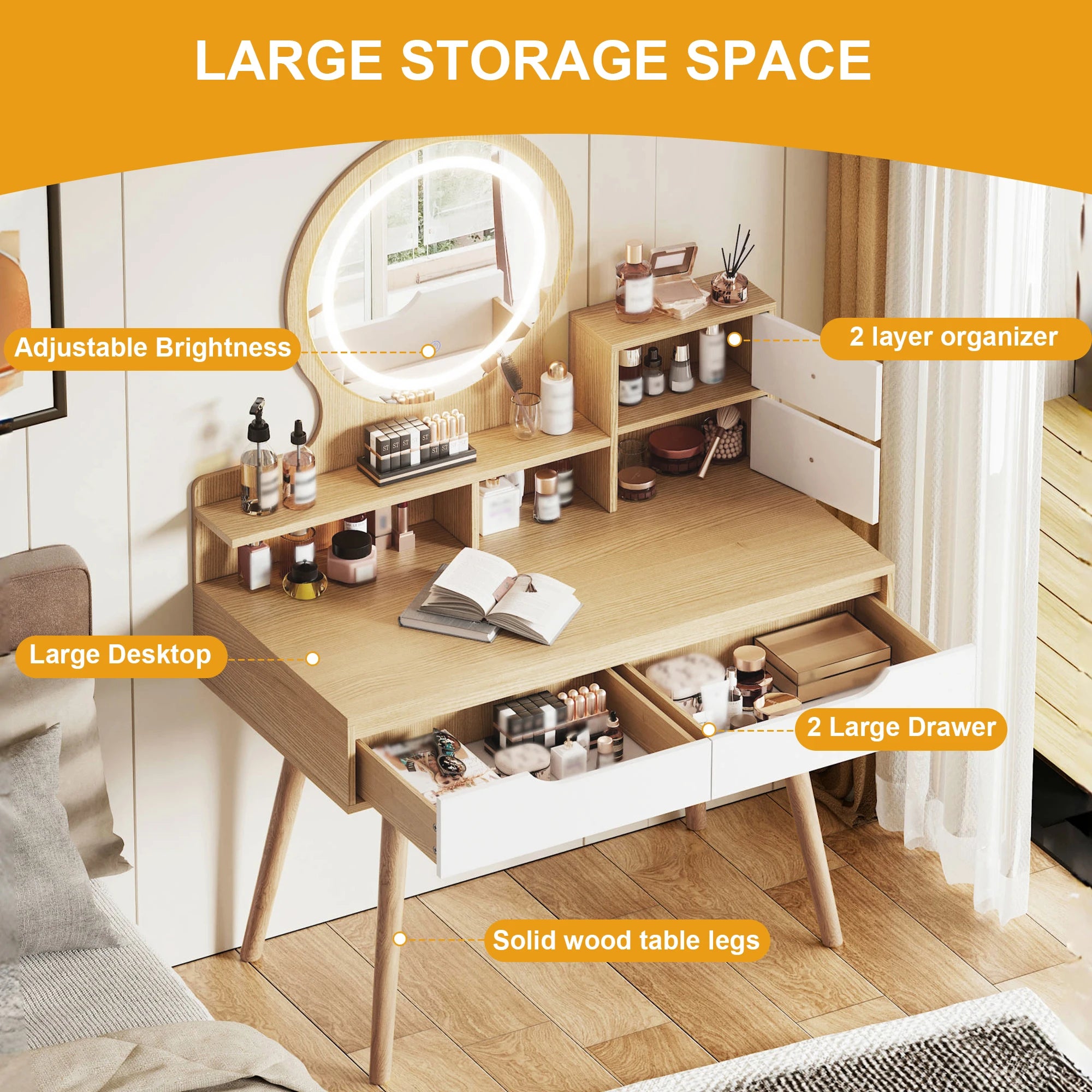 Makeup Vanity with 3 Colors Modes Adjustable Brightness Mirror, 4 Drawers 3 Storage Shelves, Dressing Table Modern Makeup Desk