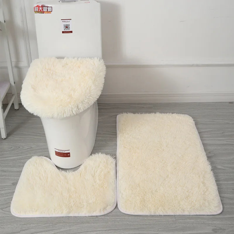 Inyahome 3pcs/set Plush Bathroom Bath Mats Set Anti Slip Toilet Rug and Toilet Lid Cover Soft Fluff Shower Carpet Floor Bath Mat