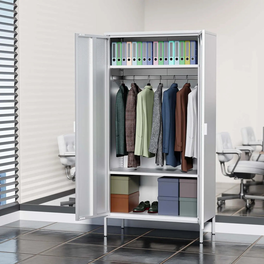 71 Inches White Metal Wardrobe Cabinet with Hanging Rod, Metal Armoire Wardrobe Closet with Doors for Bedroom, Office.