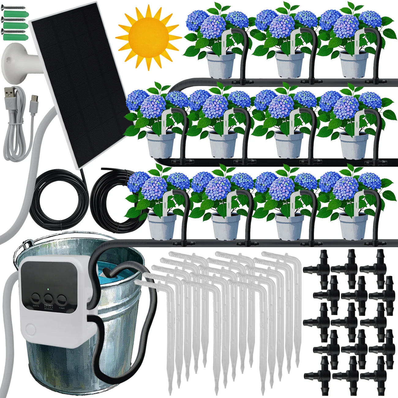 Garden Solar Timer Automatic Drip Irrigation Kit Solar Powered for Balcony Potted Plants Watering System DIY Dropper Fittings