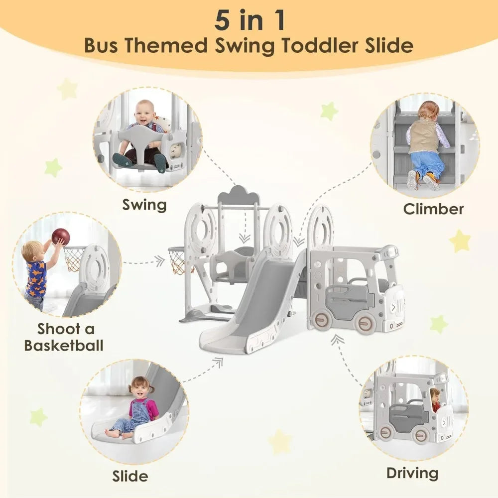 5 in 1 Toddler Slide and Swing Set, Kid Slide for Toddlers Age 1-3, Bus Themed Baby Slide with Basketball Hoop