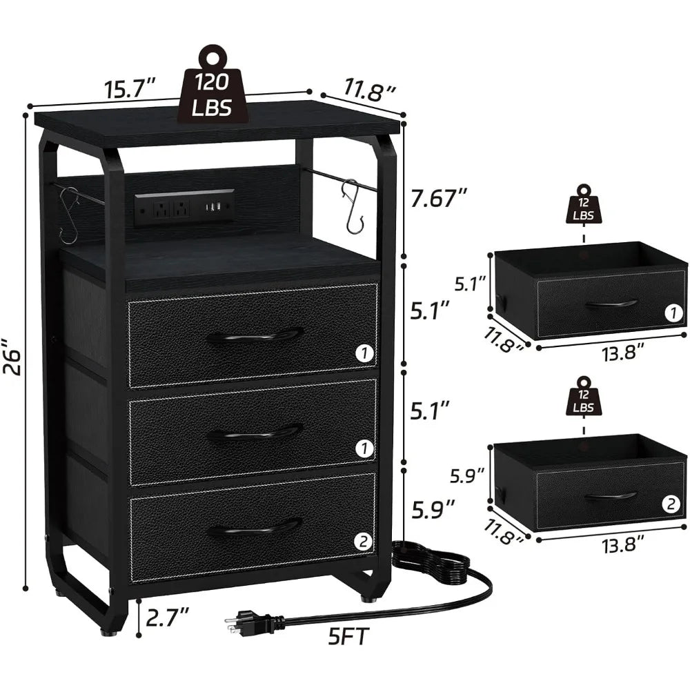 Bed Side Table with 3 Fabric Drawers,  LED Nightstand with Hooks, Bedside Table with Charging Station, End Table with Storage