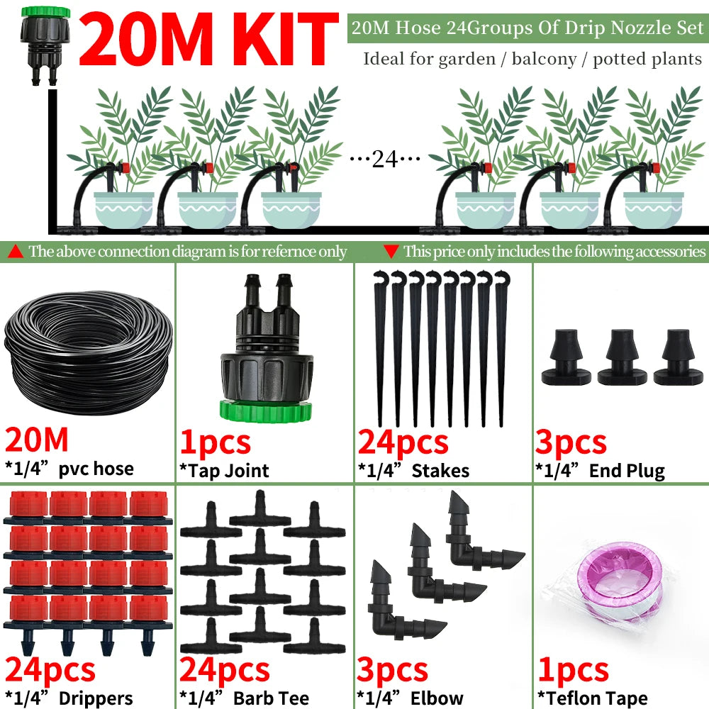10-30M Garden 1/4'' Drip Irrigation Kit Automatic Watering System Nozzles for Farmland Bonsai Plant Flower Vegetable Greenhouse