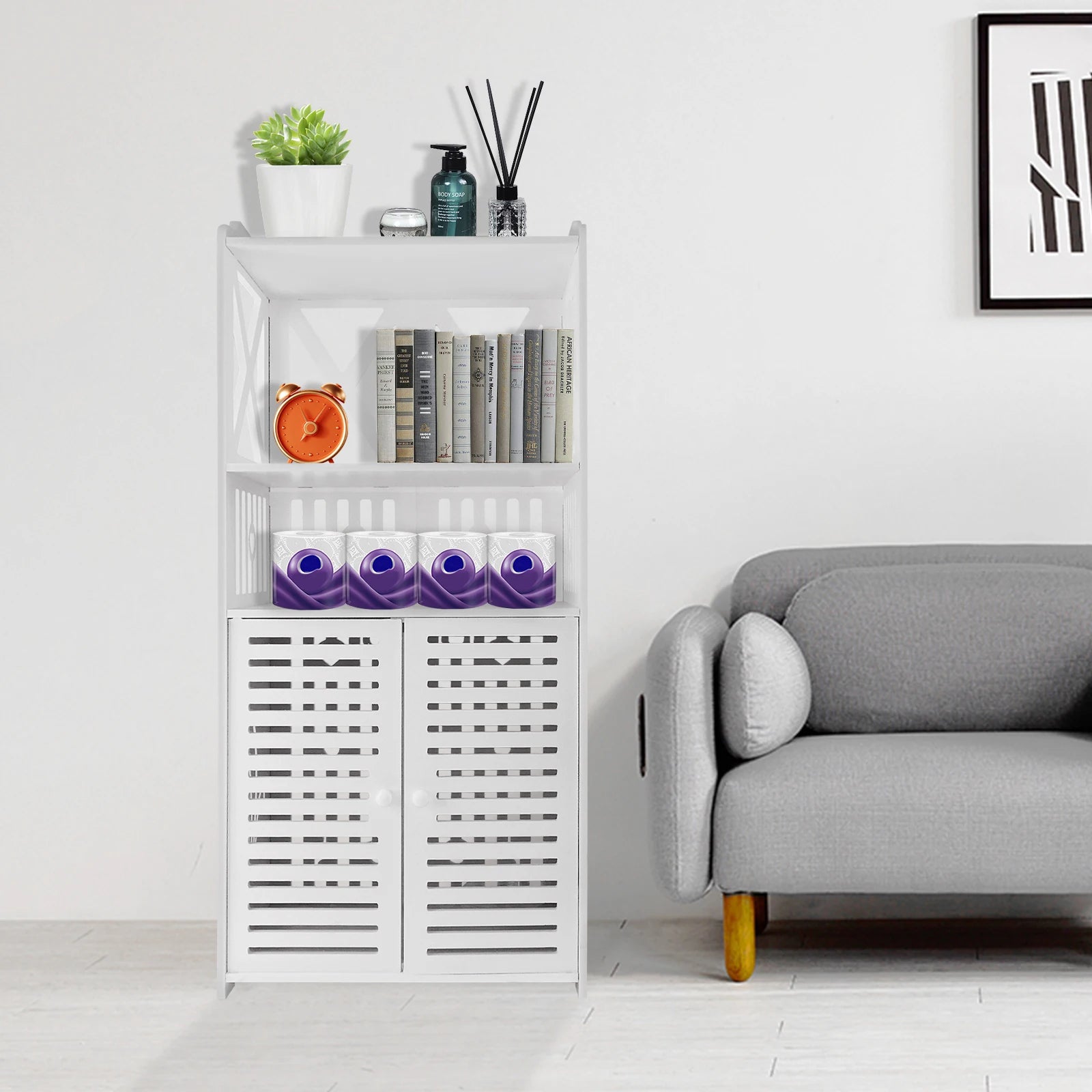 Bathroom Floor Cabinet,Waterproof FreeStanding Bathroom Storage Unit with Daily Use Layer and Cupboard Double Door,Multi-purpose