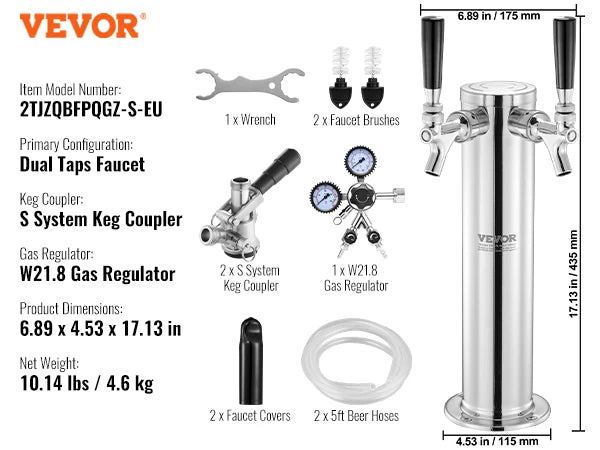 VEVOR Kegerator Tower Kit Single Tap Beer Conversion Kit Stainless Steel Keg Beer Tower Dispenser Dual Gauge W21.8 Regulator