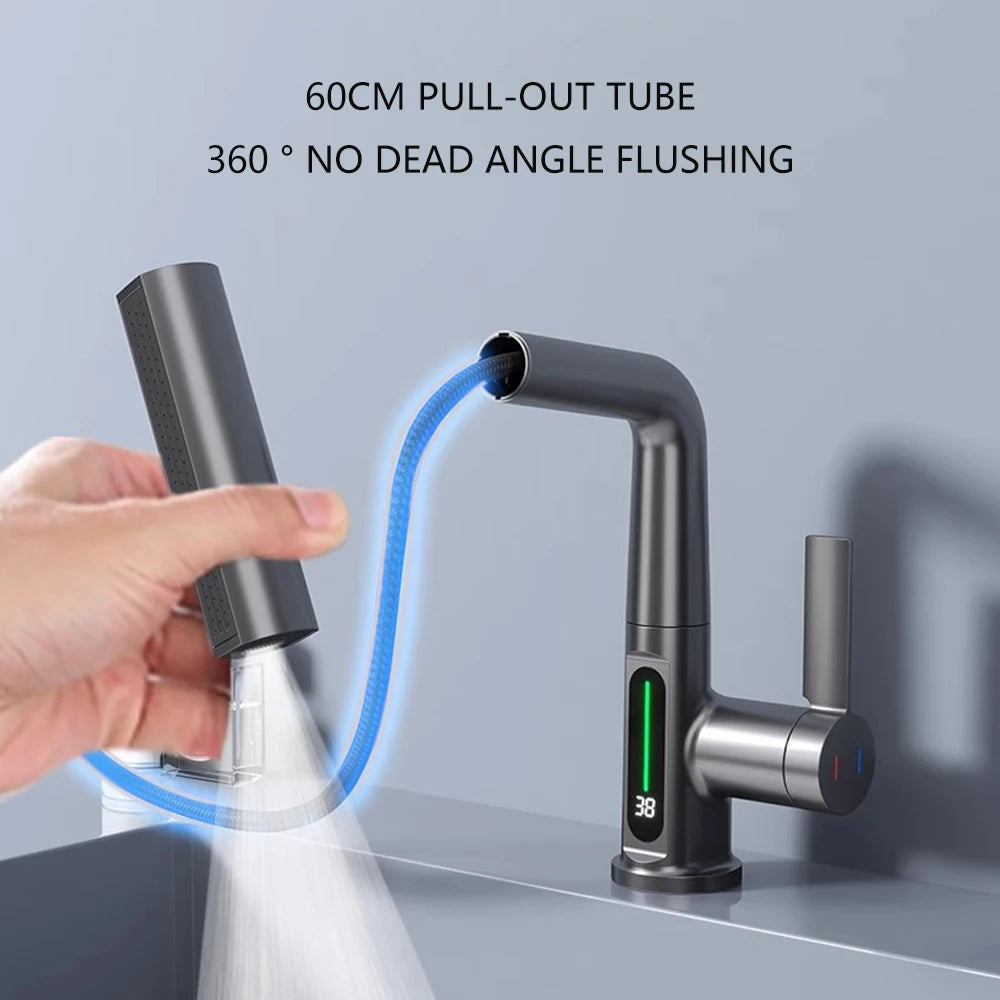 Gun Grey Intelligent Digital Display Waterfall Pull Out Kitchen Faucet Cold Hot Mixer Taps Rotatable Sink Lifting Basin Faucet