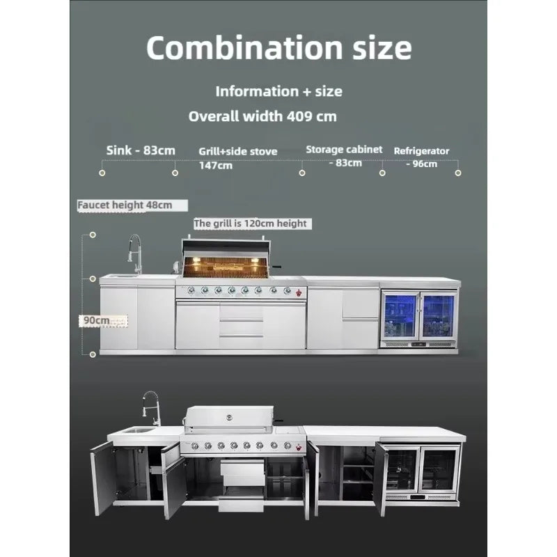 Customized Luxurious Outdoor Modular Kitchen with Stainless Steel BBQ Oven Fridge Trash Can for Courtyard Camping