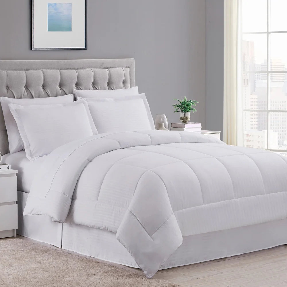 Hotel Dobby Stripe King Bed In A Bag 8 Piece Comforter Sheet Set Microfiber Baffle-Box Bedding Collection