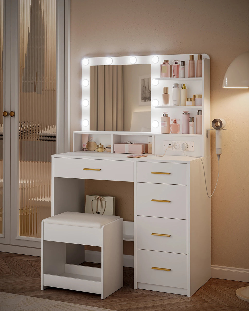 Dressing Table with 10 LED Light Balls, 3 Colors, Dressing Table with Plug and Large Mirror, Stool and Hairdryer Holder, White