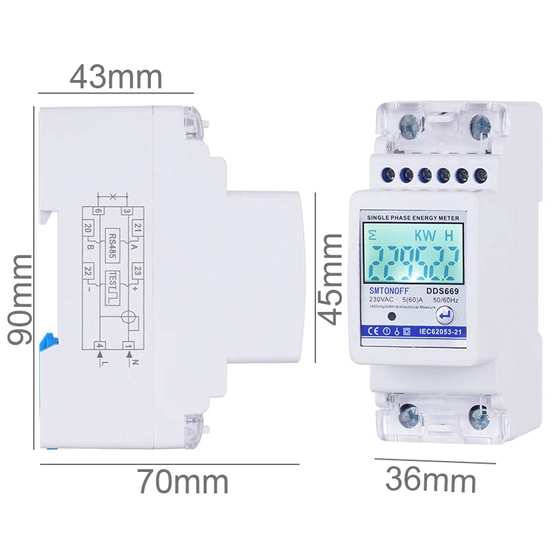 Multifunction 230V Bi-directional Energy Meter Import Export KWH Solar PV Power Voltage Current Frequency R485 Communication