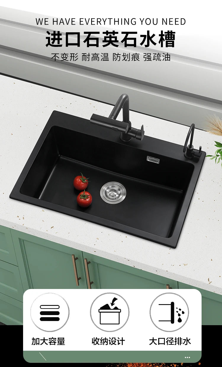 Black Quartz Stone Sink, Kitchen Large Single Sink, Household Vegetable Embedded Countertop Sink
