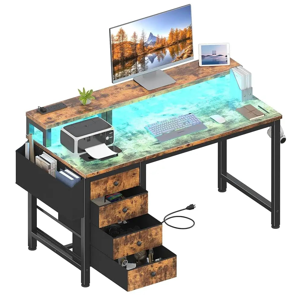 Computer Desk With Fabric Drawers, 47 H Home Office Desk With Monitor Stand, Reversible Gaming Desk With Led Lights And Power