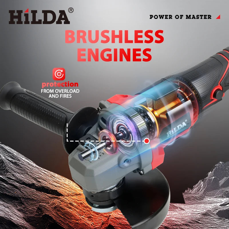 HILDA Brushless Electric Angle Grinder 125mm Cordless Grinder Metal Wood Grinding Polishing Cutting Power Tool For Makita 18V