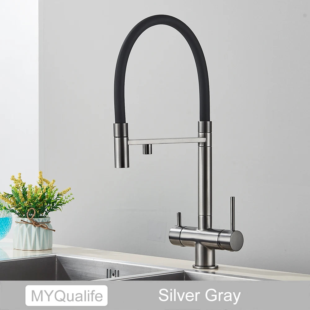 Black Filtered Kitchen Faucet Pure Water Pull Out Brass Sink Faucet Dual Handle Hot&Cold Drinking Water Purified Mixer Taps