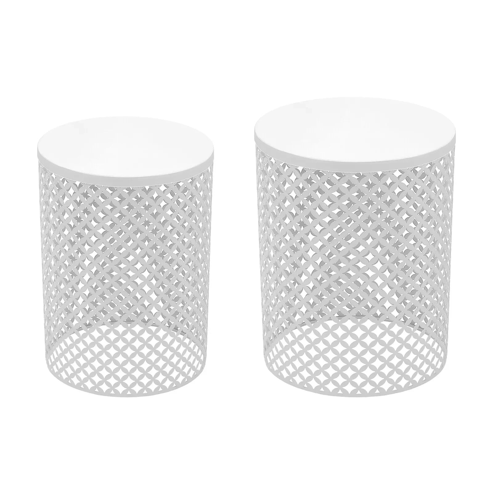 2PCS White Iron Side Table Modern Frame Accent Table Cylindrical Openwork Pattern Metal End Table