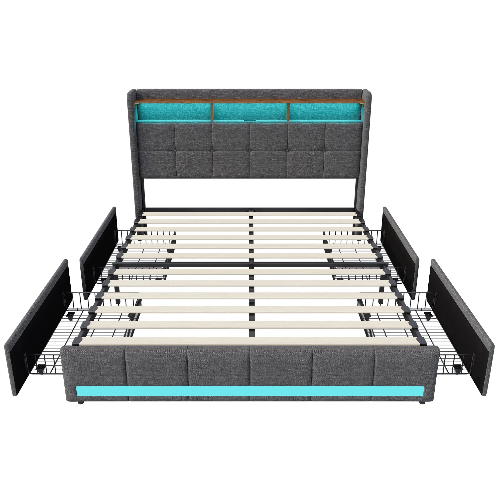 Creahappy Twin Bed Frame - Upholstered bed in grey - With USB charging port - With LED lighting - Storage drawers on both sides