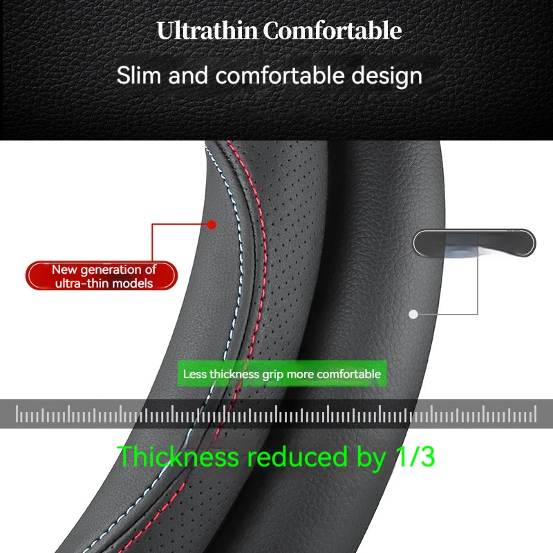 Full Leather Cover for All Seasons Auto Steering Wheel Cover Ultra-Thin Non-Slip Round Breathable Car Steering Wheel Protector