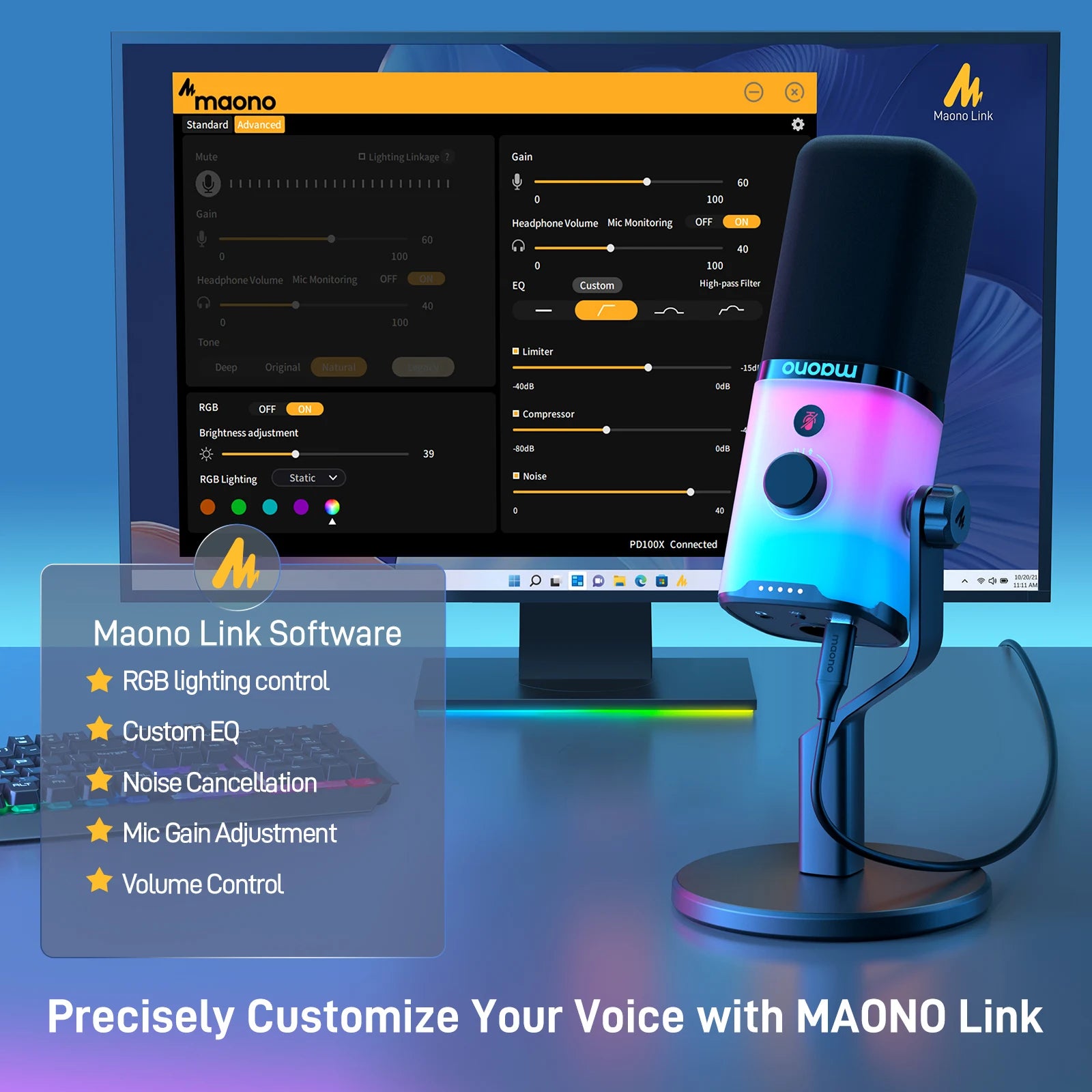 MAONO PD100X Gaming MIC,USB/XLR Dynamic Microphone with Noise Reduction,Mute,Headphone Jack,RGB MIC for Gamer Streaming Podcast