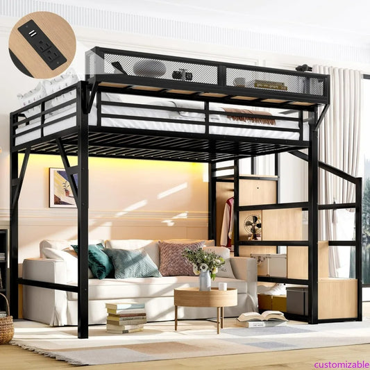 Queen Size Metal Loft Bed Frame with Storage Stairs, Side Shelf, Wardrobe, USB Ports, and LED Lighting