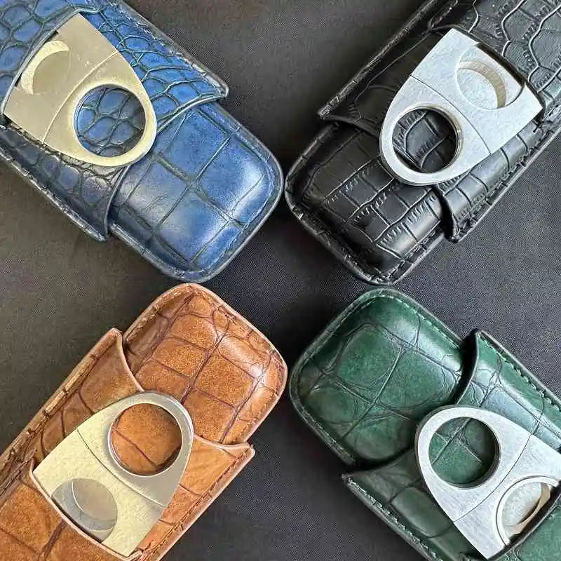 Cigar Tube 2 Slots Case with Cigar Cutter Travel  portable Cigar Accessories Leather Humidor 917