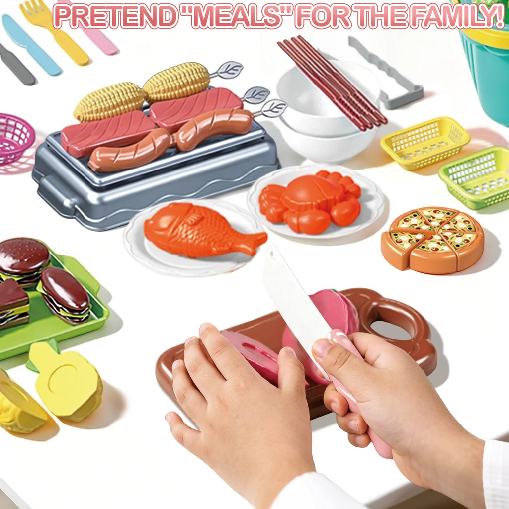 Kids Pretend Play Kitchen Set Simulation Cooking Toy Cutting Food Fruits Vegetables Cookware Pots Pans Gift Toddlers Boys Girls