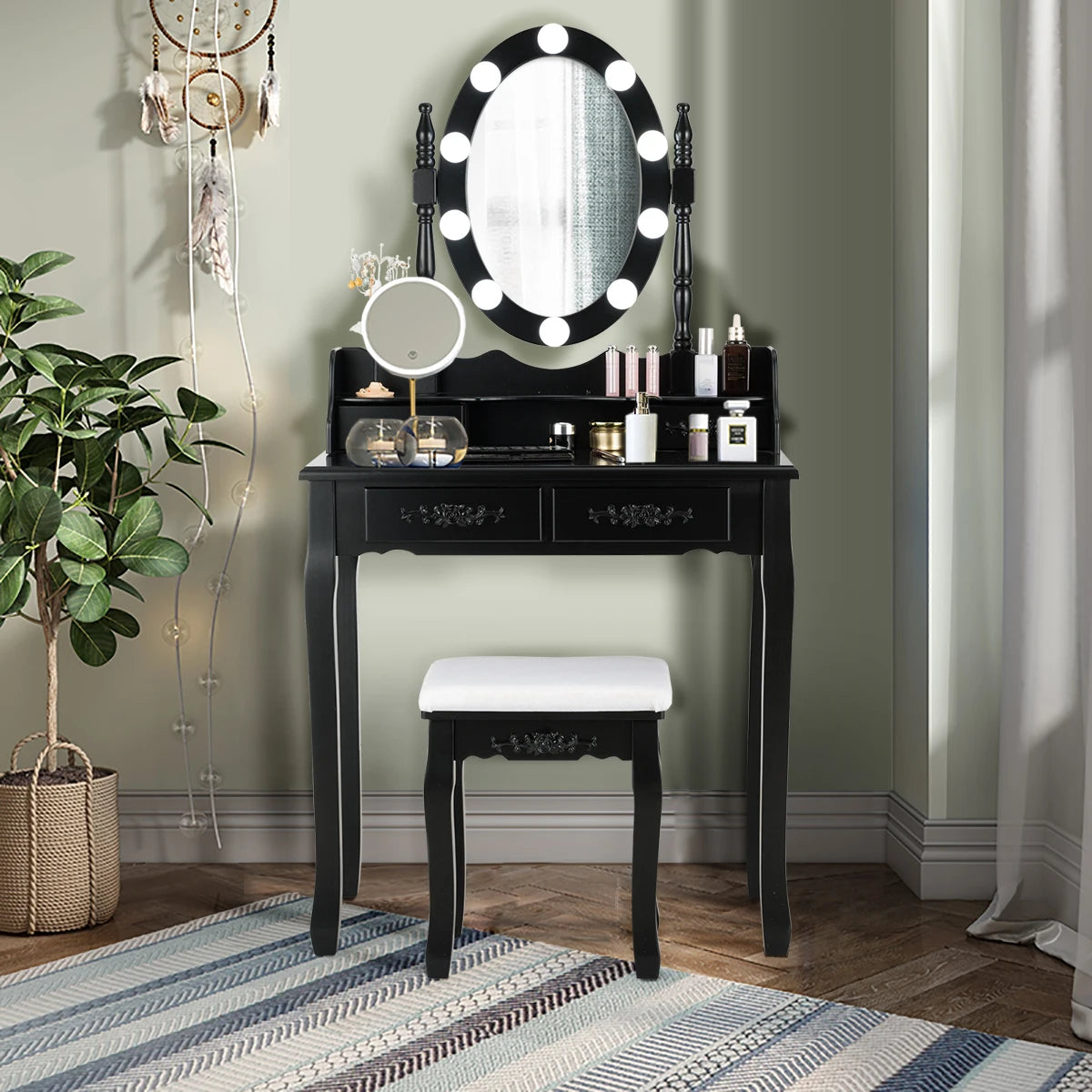4 Drawers Vanity Table Dressing Table W/10 Dimmable Bulbs &Touch Switch Black