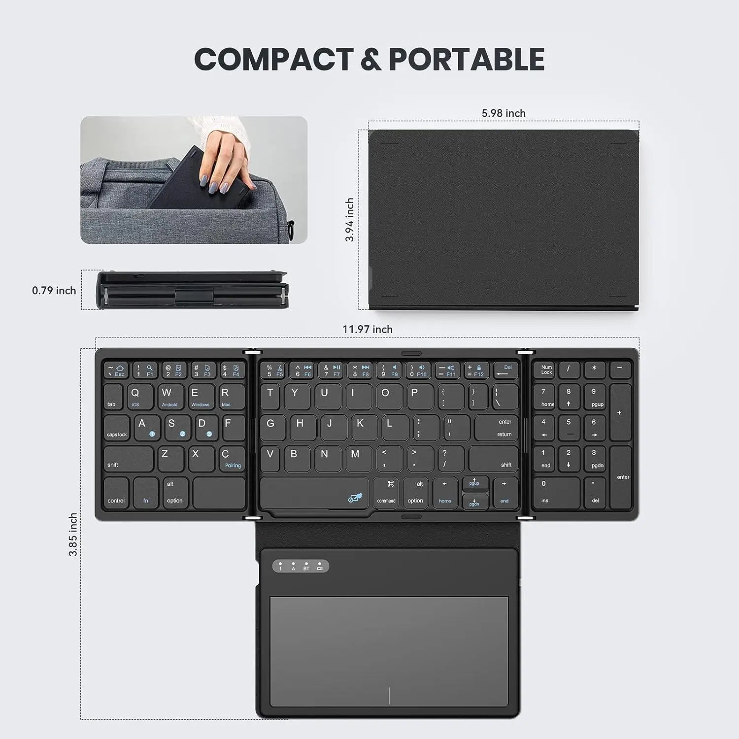 Mini Portable Folding Keyboard with Touchpad Foldable Bluetooth Keyboard Wireless Travel Keyboard for Windows/iOS/Android/PC